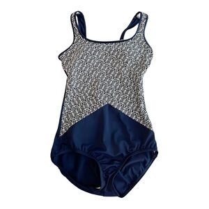 Lands End Scoop Neck One Piece Swimsuit Women’s SZ 6L Navy Blue Print Modest